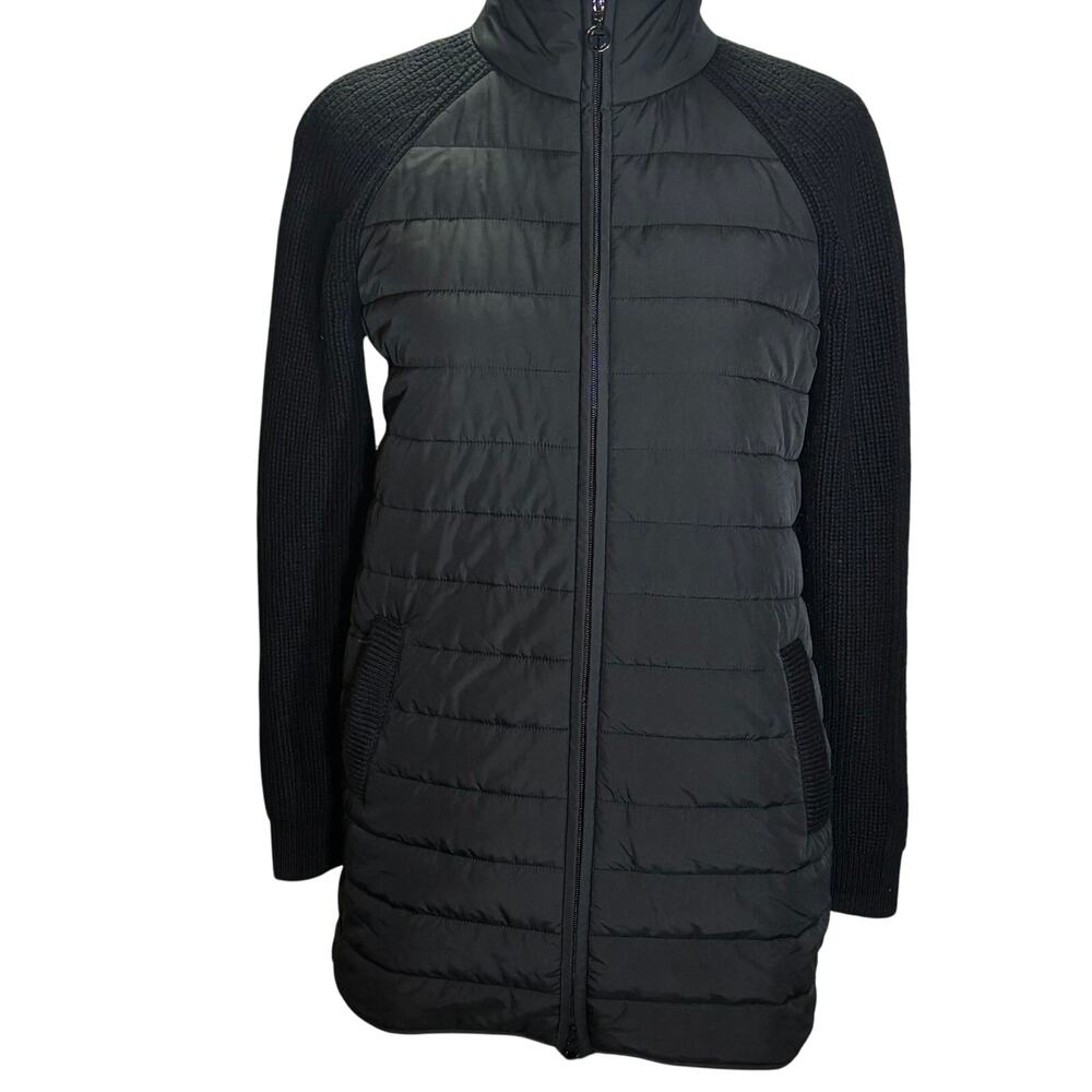 T by Talbots Black Quilted Jacket Women’s Small Knit Sleeve Zip Up Long Coat